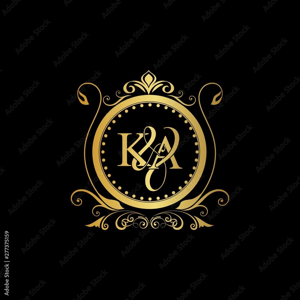 K & A / KA logo initial vector mark. Initial letter K and A KA logo luxury vector mark, gold color elegant classical symmetric curves decor.