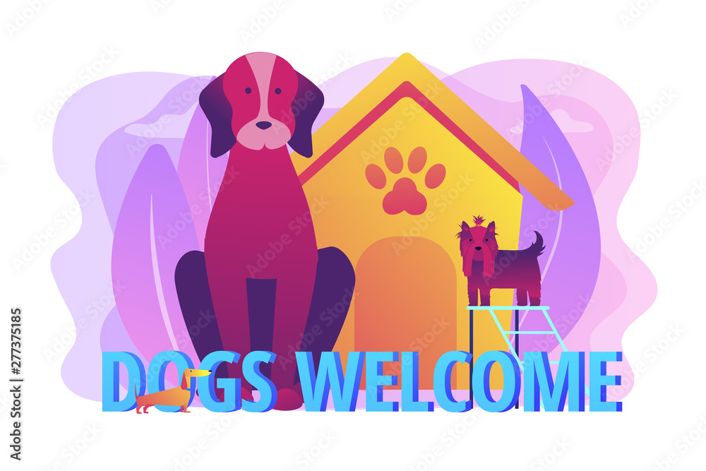 Pet-friendly zone, pet amenities. Allowing pet into facilities. Dogs friendly place, dogs special area, dogs welcome here concept. Bright vibrant violet vector isolated illustration