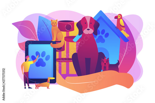 Pet hotel, daycare. Bringing puppy to grooming, veterinary service. Pet services, pets care services, we offer the best for your pet concept. Bright vibrant violet vector isolated illustration