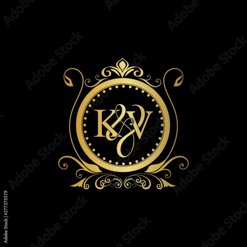 K & V / KV logo initial vector mark. Initial letter K and V KV logo luxury vector mark, gold color elegant classical symmetric curves decor.