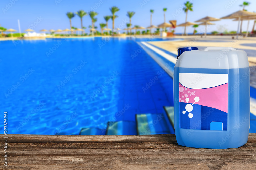 Naklejka premium Equipment with chemical cleaning products and tools for the maintenance of the swimming pool.