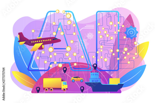 Artificial intelligence in logistics and distribution. AI in travel and transportation, AI travel recommendations, AI smart booking concept. Bright vibrant violet vector isolated illustration
