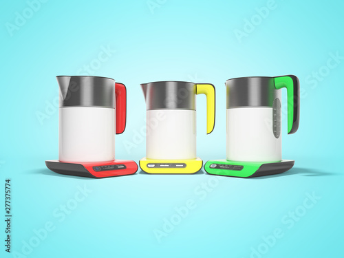 Metal kettles with electronic console with buttons 3d render on blue background with shadow photo