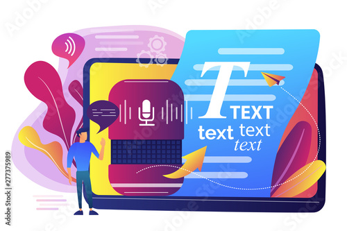 Speech-to-text app, voice recognition application. Convert speech to text, multi-language speech recognizer, voice-to-text software concept. Bright vibrant violet vector isolated illustration