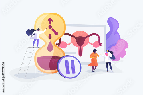 Female personal health concern, worry. Woman getting checked by doctors. Menopause, women climacteric, hormone replacement therapy concept. Vector isolated concept creative illustration