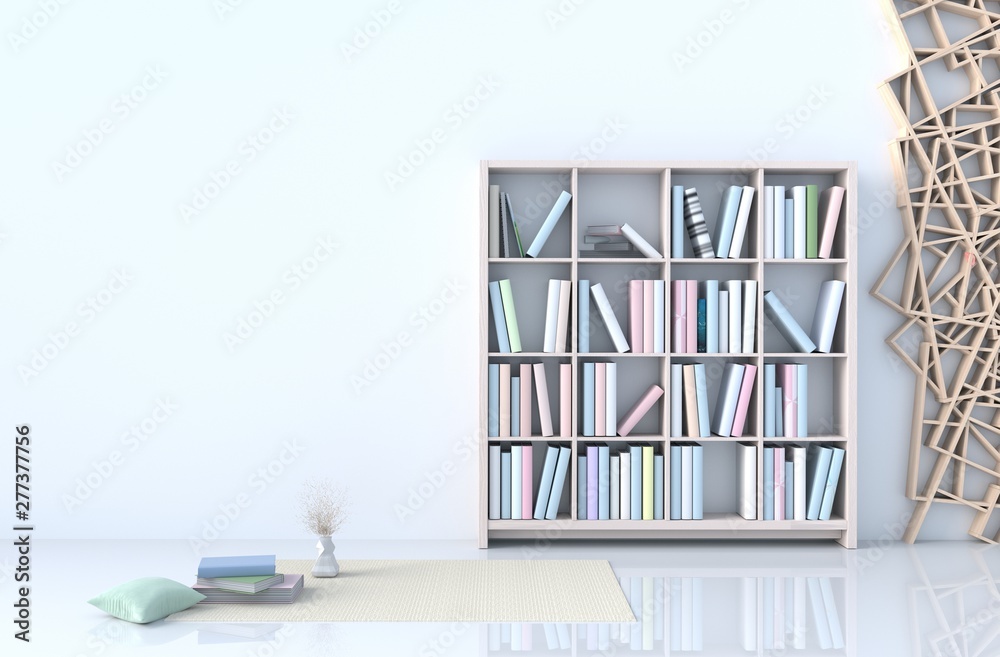 Warm white reading room decor with white cement wall, tile floor, curtain, window,book cases,chair.The sun shines through the window into the shadows. 3D render. Warm white reading room decor with white cement wall, tile floor, curtain, window,book cases,chair.The sun shines through the window into the shadows. 3D render.