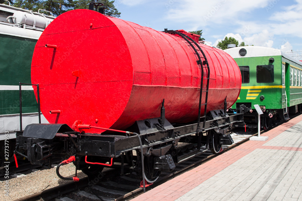 Naklejka premium NOVOSIBIRSK, RUSSIA - JULY 5, 2019: Museum for Railway Technology Novosibirsk. Old, Soviet railway freight wagon