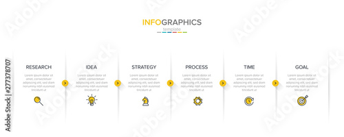 Concept of arrow business model with 6 successive steps. Six colorful rectangular elements. Timeline design for brochure, presentation. Infographic design layout.