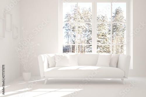 Mock up of stylish room in white color with sofa and winter landscape in window. Scandinavian interior design. 3D illustration