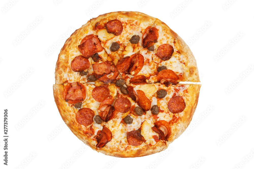 Meat pizza with pepperoni, beef meatballs, chicken pieces and bacon. Top view. Isolated on white.