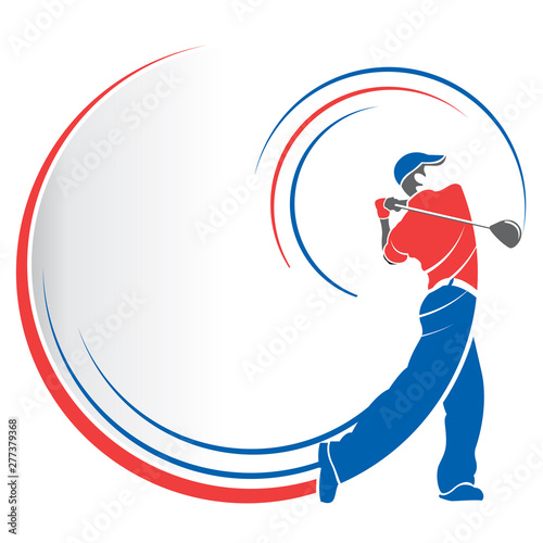 Abstract drawing of a red and blue man playing golf with lines following the movement of the golf club on a white background with speed lines that follow his body. Vector image