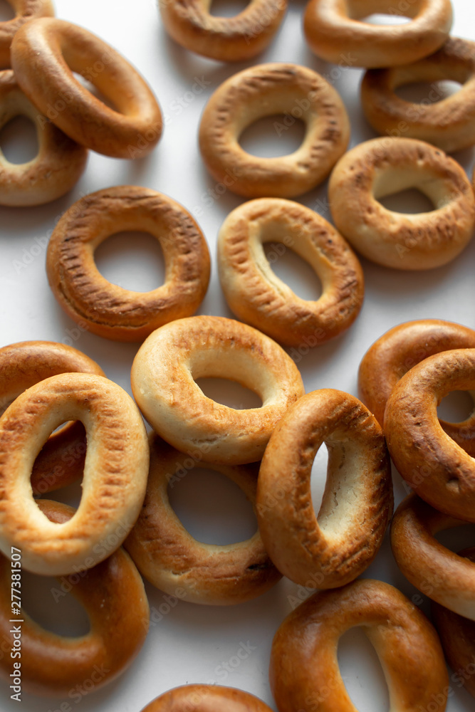 Pile of crispy cracknels isolated on white background
