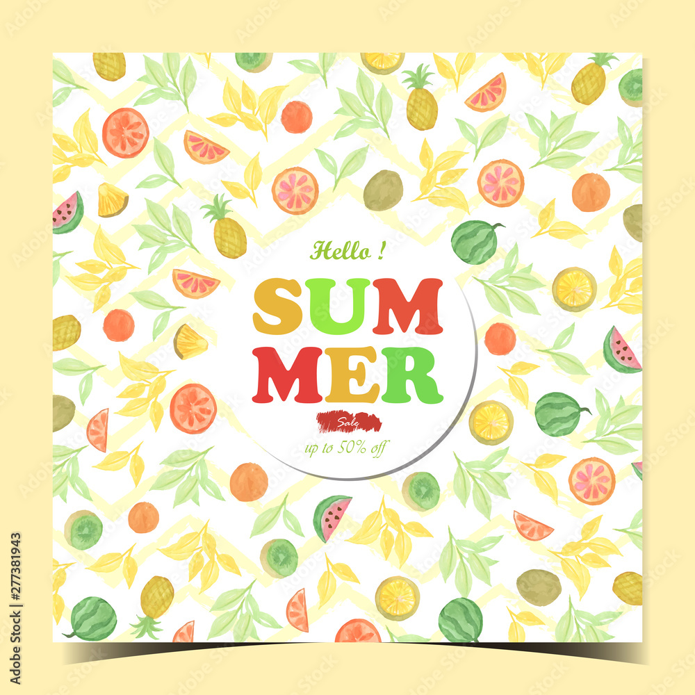 watercolor summer background with fruits element
