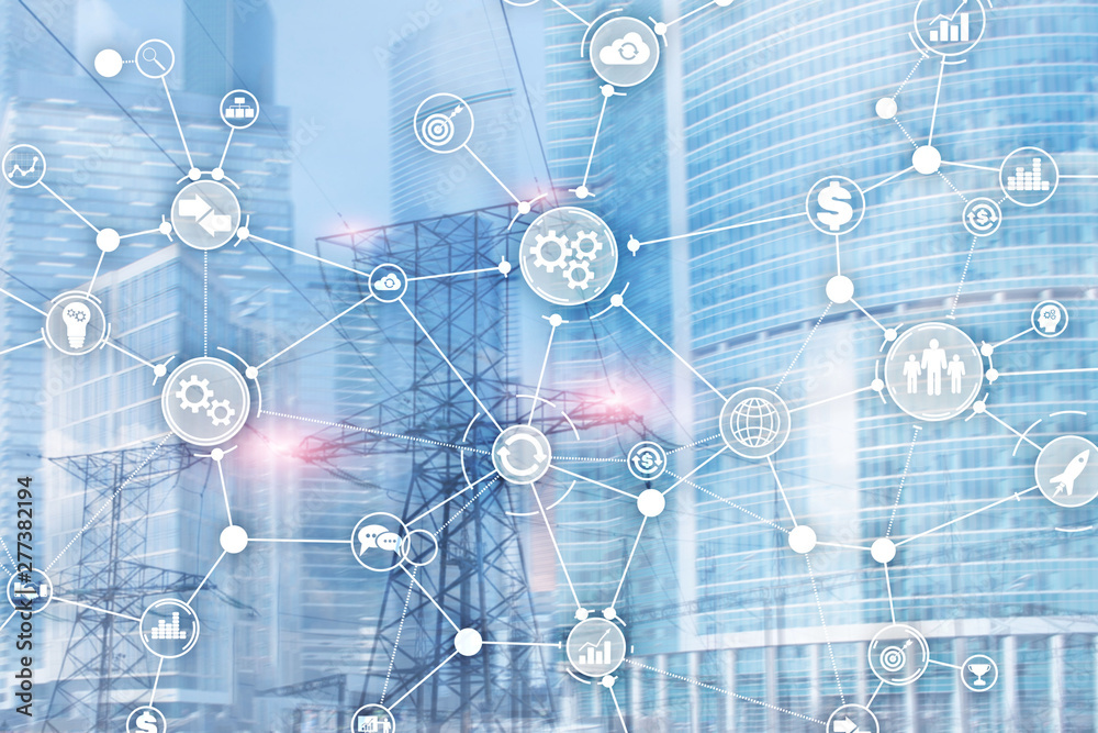 Business process structure industrial workflow diagram automation innovation concept on blurred office. Business process structure industrial workflow diagram automation innovation concept on blurred office.