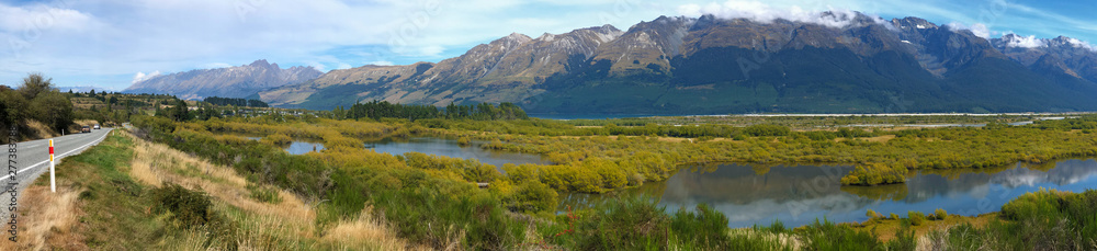 Panorama of mountains and sea in New Zealand