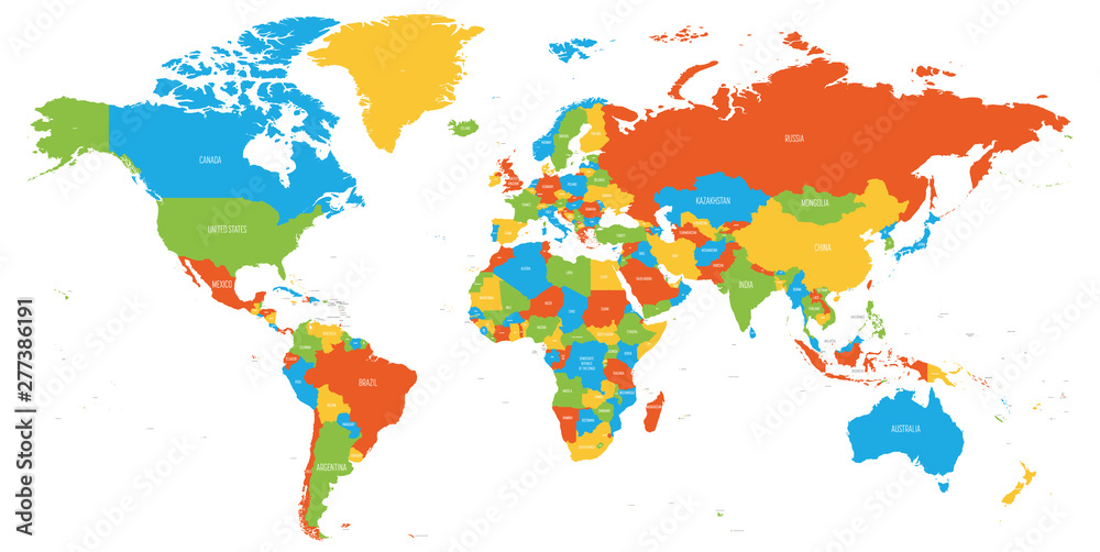Naklejka Kolorowa mapa świata. Szczegółowa mapa polityczna z nazwami krajów. Ilustracji wektorowych