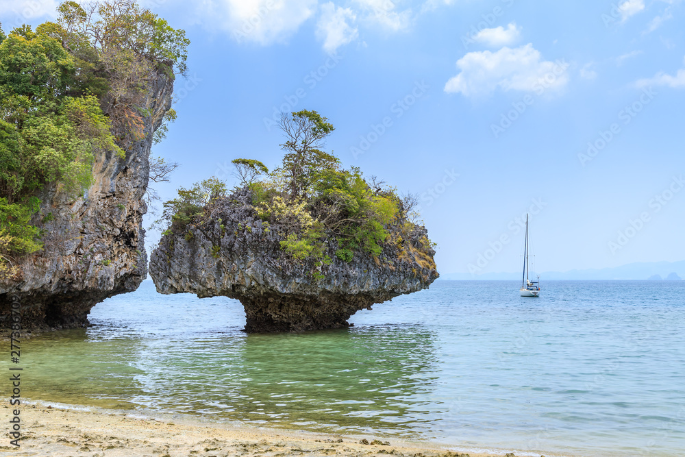 Mushroom or umbrella shape rock on beach at Koh Phak Bia Island in Andaman Sea, Krabi, Thailand