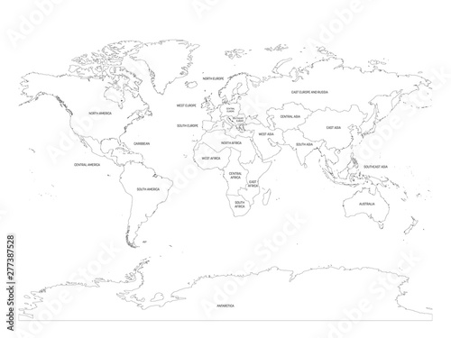 Map of World divided into regions. Thin black outline map. Simple flat vector illustration