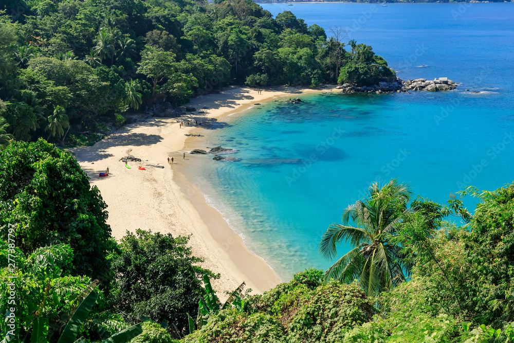 Aerial scenic view over beautiful Andaman sea and small bays at Laem Sing Viewpoint, Phuket, Thailand