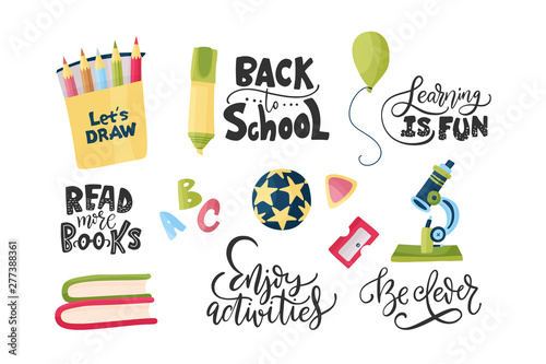 Vector hand drawn set of icons with school stationery and lettering quotes. Back to school message and flat illustrations. Cute cartoon art. Study collection.