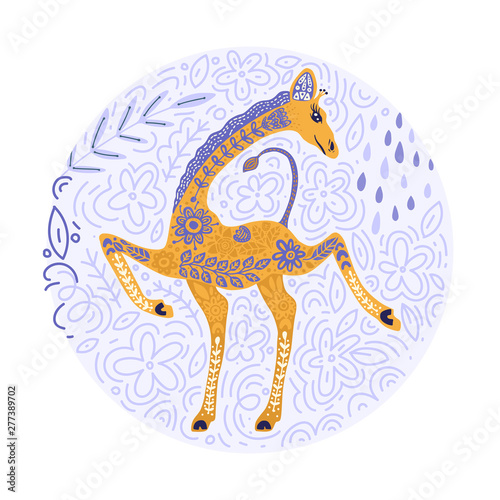 Cartoon giraffe vector flat illustration in scandinavian style. Dancing animal.