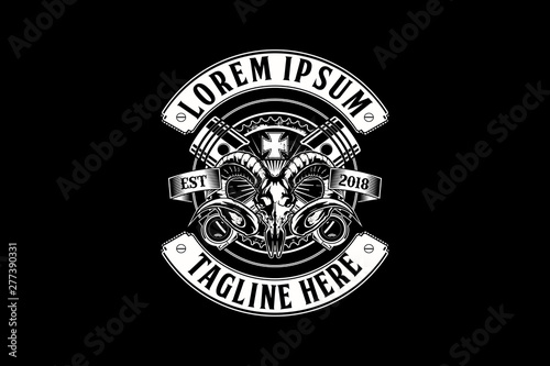 skull goat with piston and gear black and white badge logo vector template