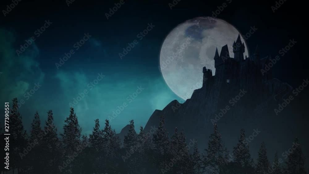 Dark Castle on a Moonlite Night 4K Loop features a haunted castle with a full moon and moving clouds in the sky in a loop