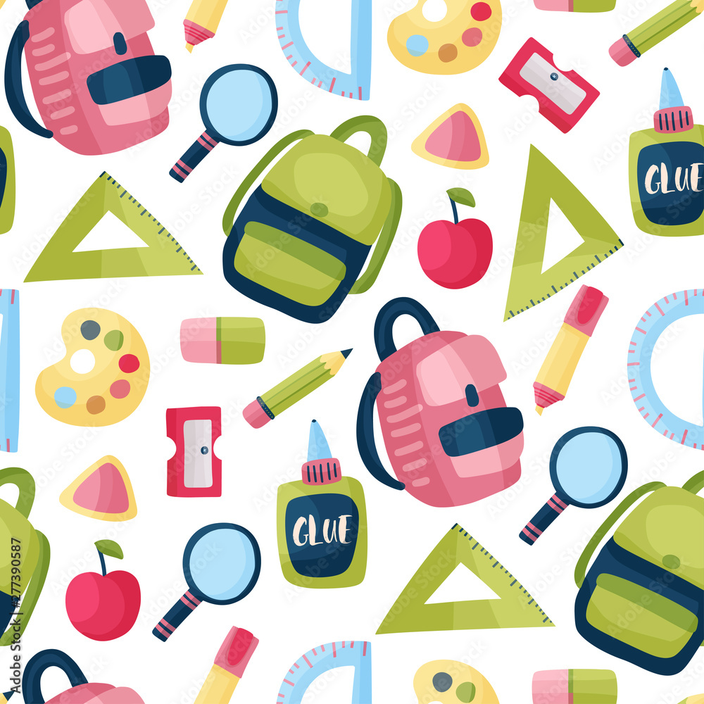 Seamless vector pattern with school supplies school bag, ruler, loupe, apple, glue, eraser, sharpener, paints and marker on a white background. Seamless vector pattern with school supplies school bag, ruler, loupe, apple, glue, eraser, sharpener, paints and marker on a white background.