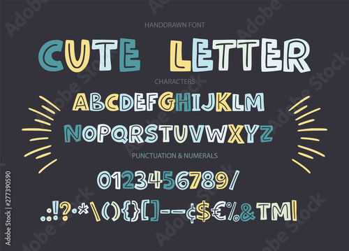 Cute hand drawn display vector alphabet ABC font with letters, numbers, symbols. For calligraphy, lettering, hand made quotes.