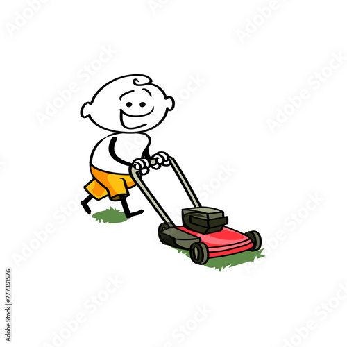 smiling man in shorts cutting the lawn with a hand mower