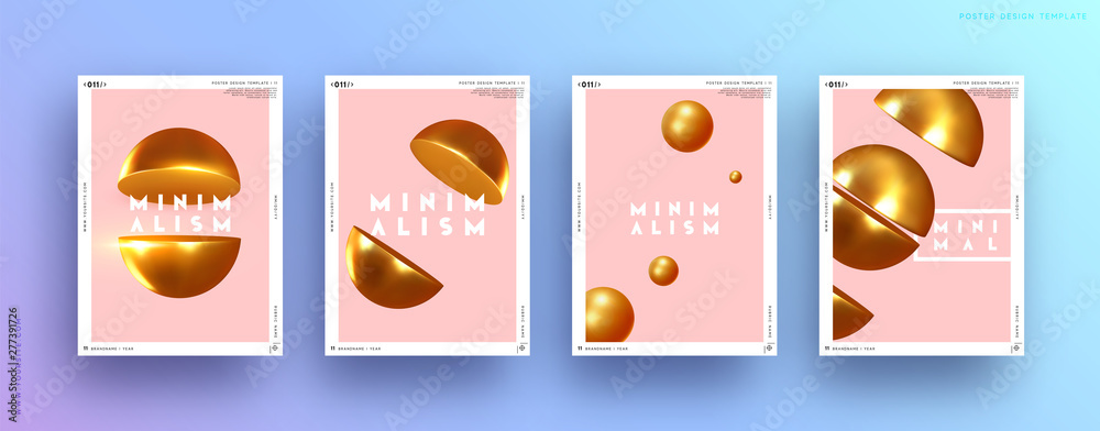 Abstract geometric background with gold ball and spheres. Minimal trendy poster and banner. Realistic golden metallic round and semicircular shapes of objects. 3d design elements. Backdrop geometry.