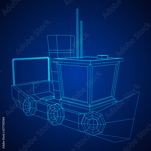 Fishing boat. Commercial fishing trawler for industrial seafood production. Vintage marine ship, sea or ocean transportation concept. Wireframe low poly mesh vector illustration