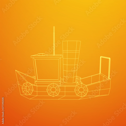 Fishing boat. Commercial fishing trawler for industrial seafood production. Vintage marine ship, sea or ocean transportation concept. Wireframe low poly mesh vector illustration