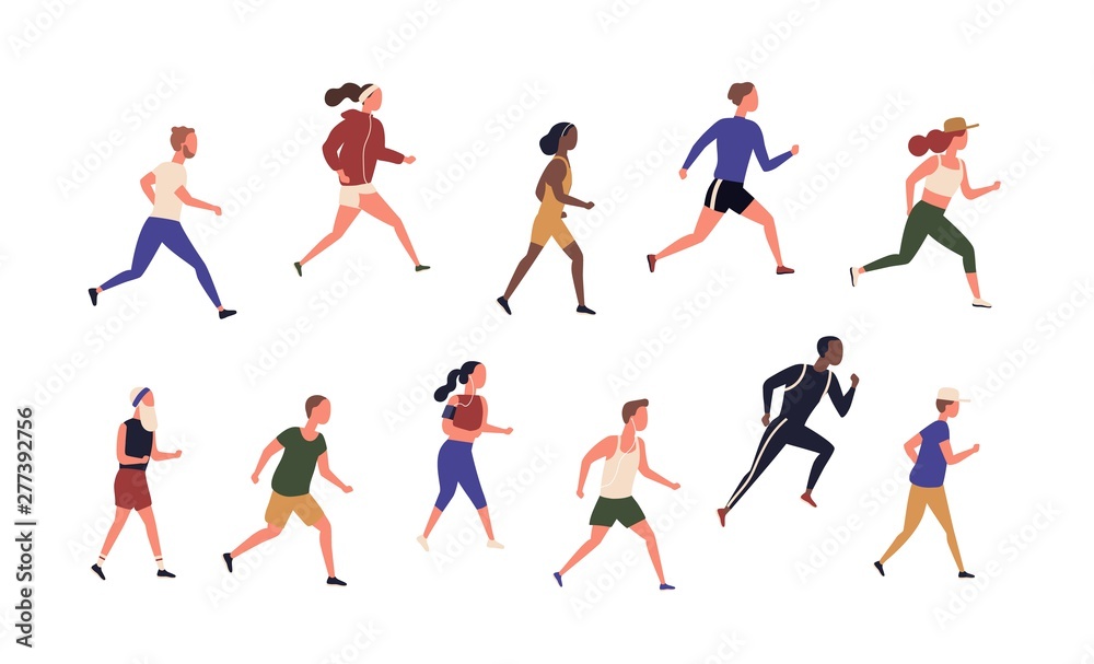 Collection of running people isolated on white background. Bundle of young and elderly men and women jogging. Set of male and female runners or sprinters. Flat cartoon colorful vector illustration.