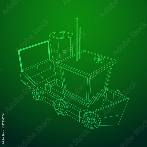 Fishing boat. Commercial fishing trawler for industrial seafood production. Vintage marine ship, sea or ocean transportation concept. Wireframe low poly mesh vector illustration