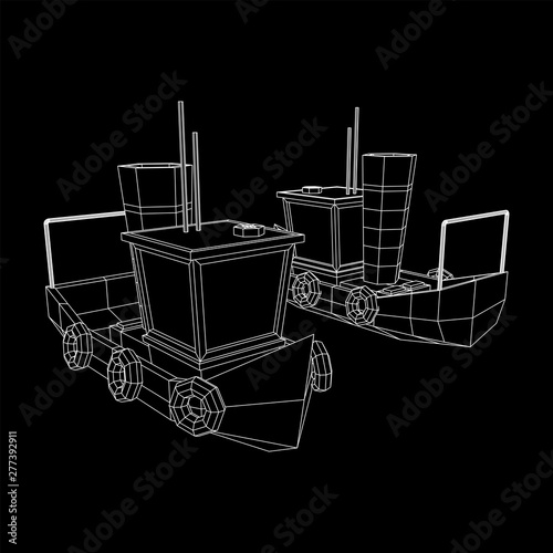 Fishing boat. Commercial fishing trawler for industrial seafood production. Vintage marine ship, sea or ocean transportation concept. Wireframe low poly mesh vector illustration