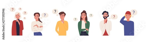 Collection of portraits of thoughtful people. Bundle of smart men and women thinking or solving problem. Set of pensive boys and girls surrounded by thought bubbles. Flat cartoon vector illustration.