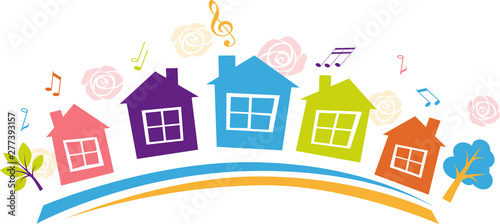 Banner for a block or neighborhood party with multi colored houses, EPS 8 vector illustration