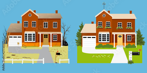 House before and after landscaping with improved curb appeal, EPS 8 vector illustration