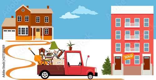 Truck bringing belongings from a family house to a condo building in a process of downsizing and relocation, EPS 8 vector illustration photo
