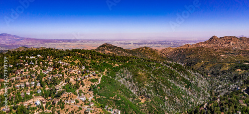Aerial, panoramic, drone view of the high desert near Apple Valley and Hesperia from the San Bernarindo Mountains near Lake Arrowhead, California photo