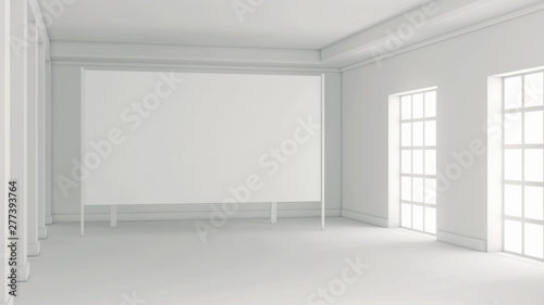 White room with columns and large windows. 3D rendering