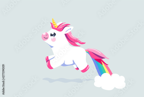 Cute unicorn vector background. Baby fairy animal pony illustration in cartoon style for girl kid print design. Horse character fly with rainbow from his ass