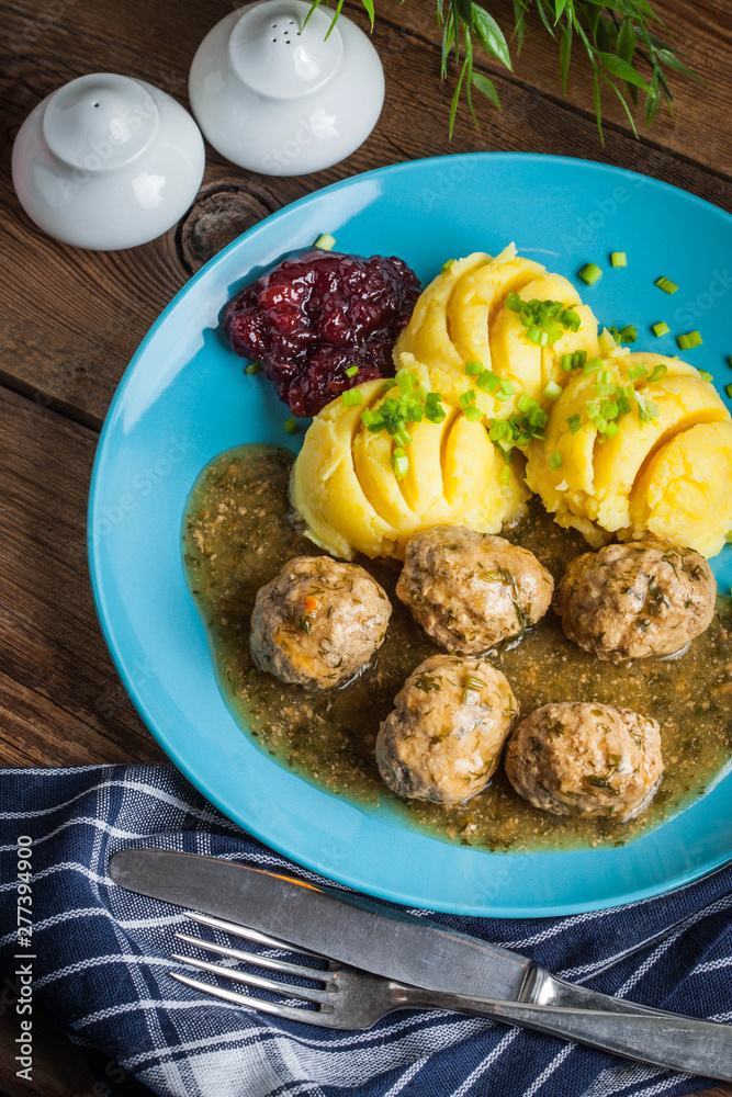 Meatballs with potatoes in dill sauce.