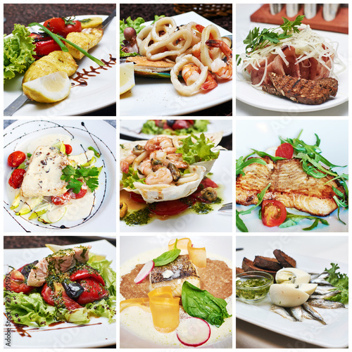 Collage from different photos of seafood