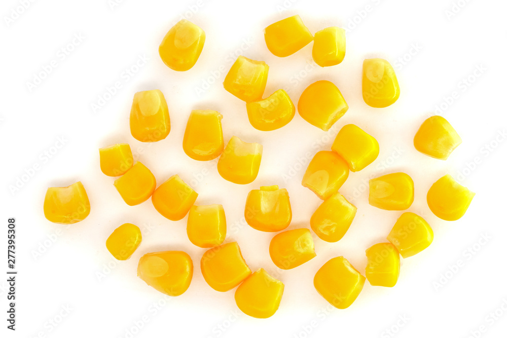 Fototapeta premium Yellow corn seeds isolated on white background close up. macro