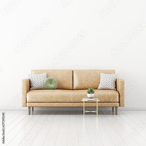 Living room interior wall mockup with tan brown leather sofa, round green pillow, coffee table and succulent plant on empty white wall background. 3D rendering, illustration.