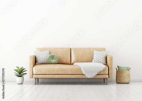 Living room interior wall mockup with tan brown leather sofa, round green pillow, basket, furry plaid and plant in pot on empty white wall background. 3D rendering, illustration.