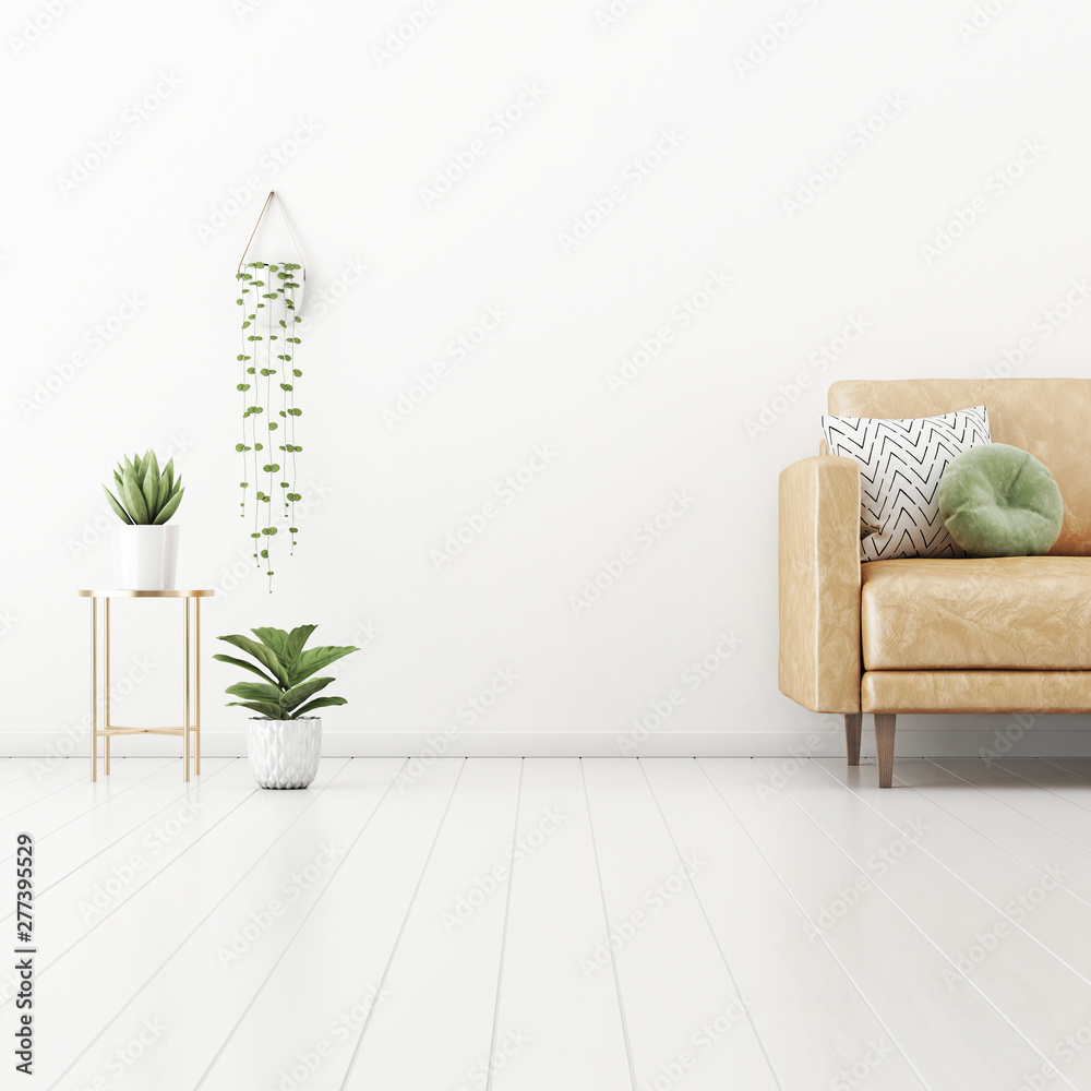 Living room interior wall mockup with tan brown leather sofa, round green  pillow and plants in pots and hanger on empty white wall background. 3D  rendering, illustration. Stock Illustration | Adobe Stock