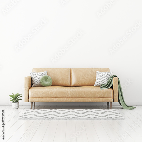 Living room interior wall mockup with tan brown leather sofa, round green pillow and plaid, plant in pot and rug on empty white wall background. 3D rendering, illustration.